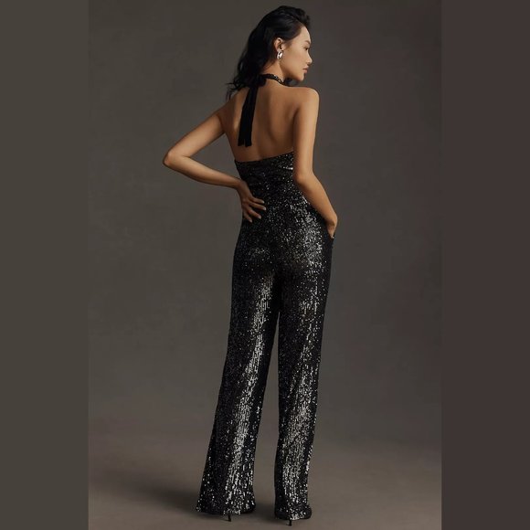 NEW Maeve Sizes 4, 6, 8 - Women's Sequin Halter Wide Leg Jumpsuit - Carbon - Picture 4 of 5